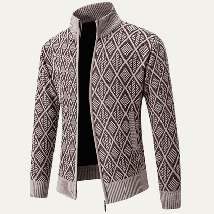 Men's Knit Diamond Zip Jacket with Stand Collar