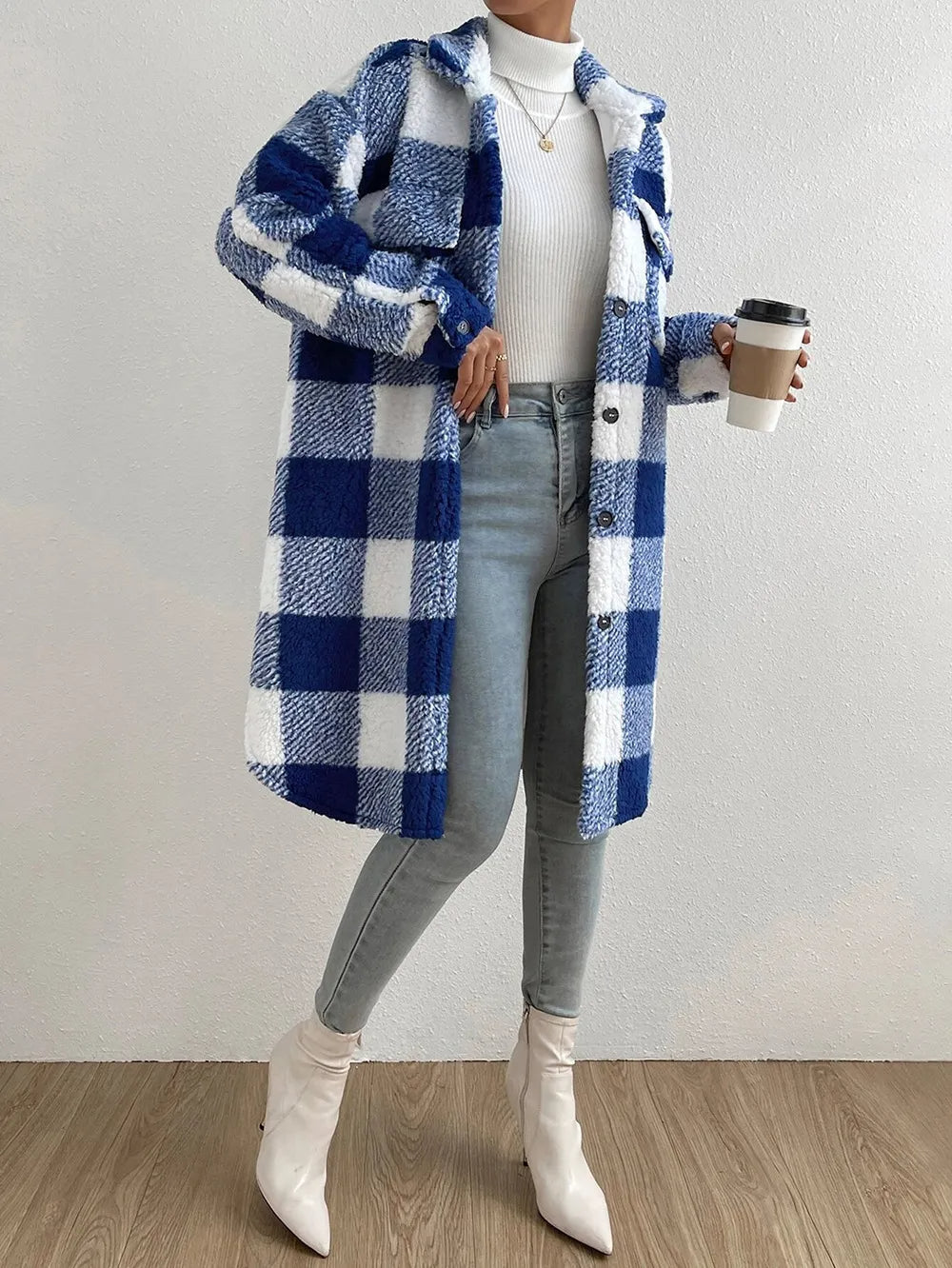 Women's Plaid Fleece Coat Button Front Pockets