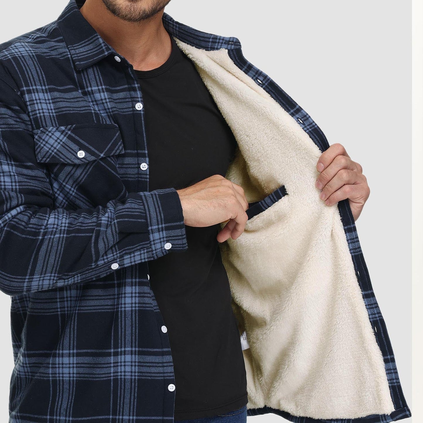 Men's Flannel Shirt Jacket Fleece Lined Cotton Warm Navy