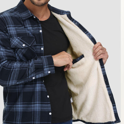 Men's Flannel Shirt Jacket Fleece Lined Cotton Warm Navy
