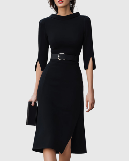 Women's Mock Neck Midi Dress Belted Split Sleeves - Vonnera