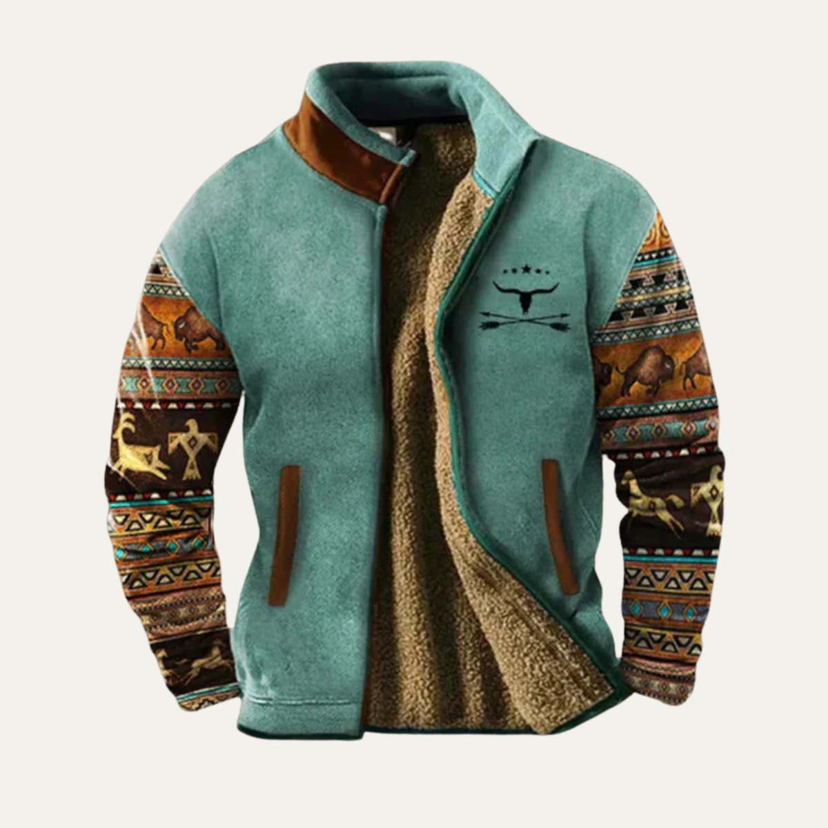 Mens Vintage Winter Coat Sherpa Lined Patterned Sleeves
