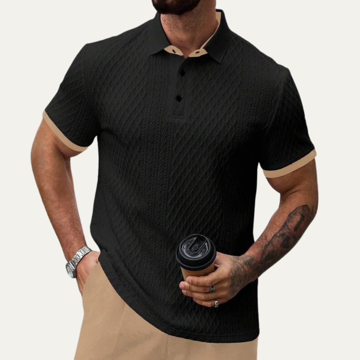Men's Textured Polo Shirt Contrast Collar