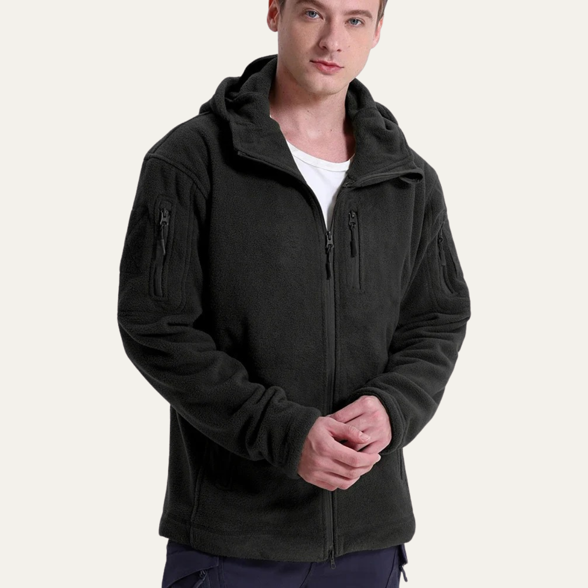 Men's Tactical Fleece Jacket With Hood And Multi Pockets