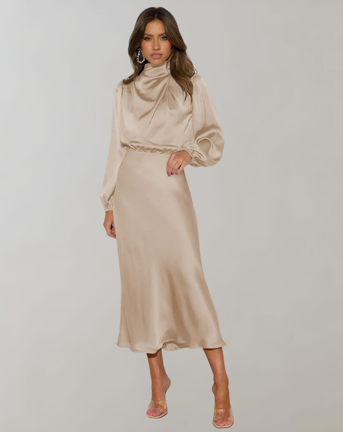 Women's Satin Long Sleeve Evening Dress