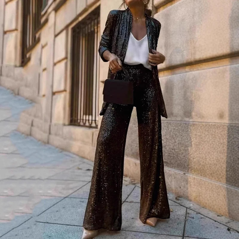 Women's Sequin Two-Piece Set High-Waisted Pants - Vonnera