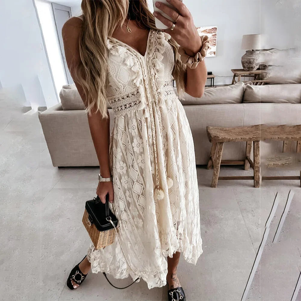 BreezeCharm Women's Lace Tie Dress with Tassels - Vonnera