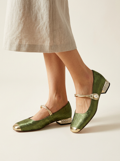 Women's Mary Jane Shoes Brocade Pearl Metallic Strap