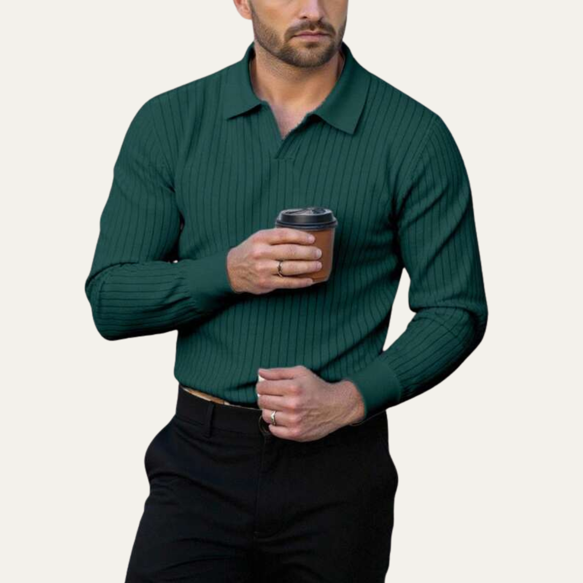 Men's Long Sleeve Polo Shirt Ribbed Knit