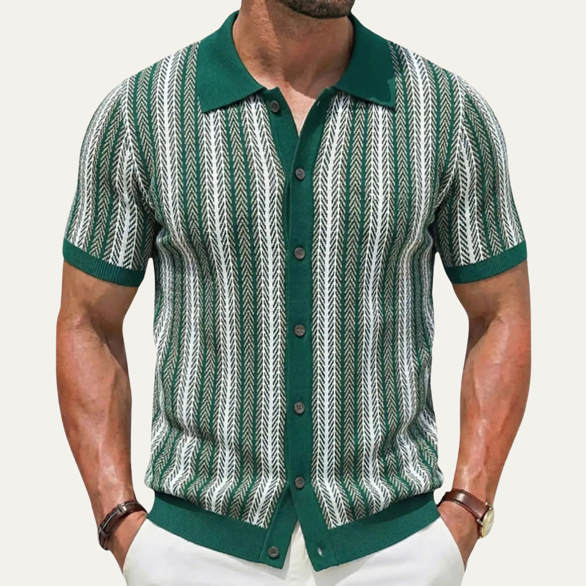 Men's Striped Knit Polo Shirt Lightweight