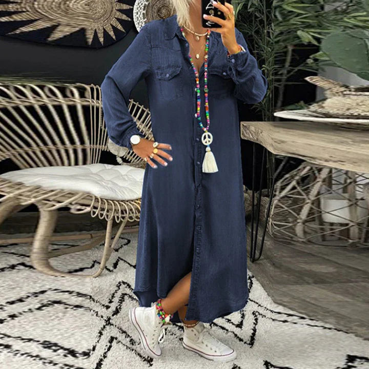 Women's Long Sleeve Denim Dress Casual Blue