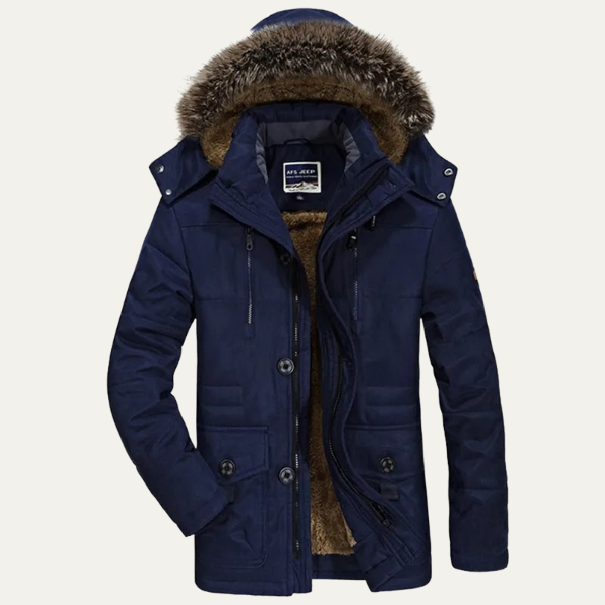 Men's Fur Hooded Jacket Warm Multi-Pocket