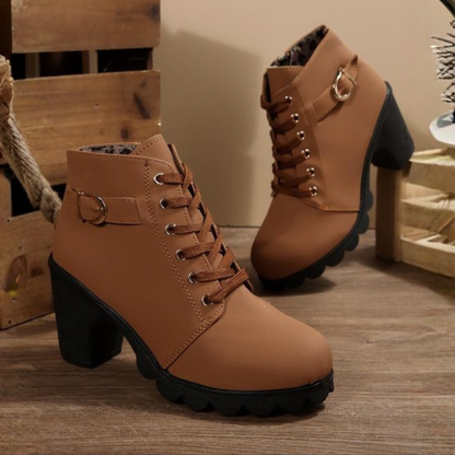 Women's Lace-Up Ankle Boots Chunky Heel Black