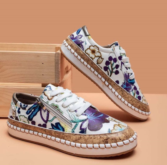 Women's Floral Lace Up Sneakers Zip Closure