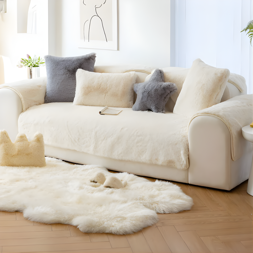 Faux Fur Sectional Sofa Cover Soft Plush Beige - Vonnera