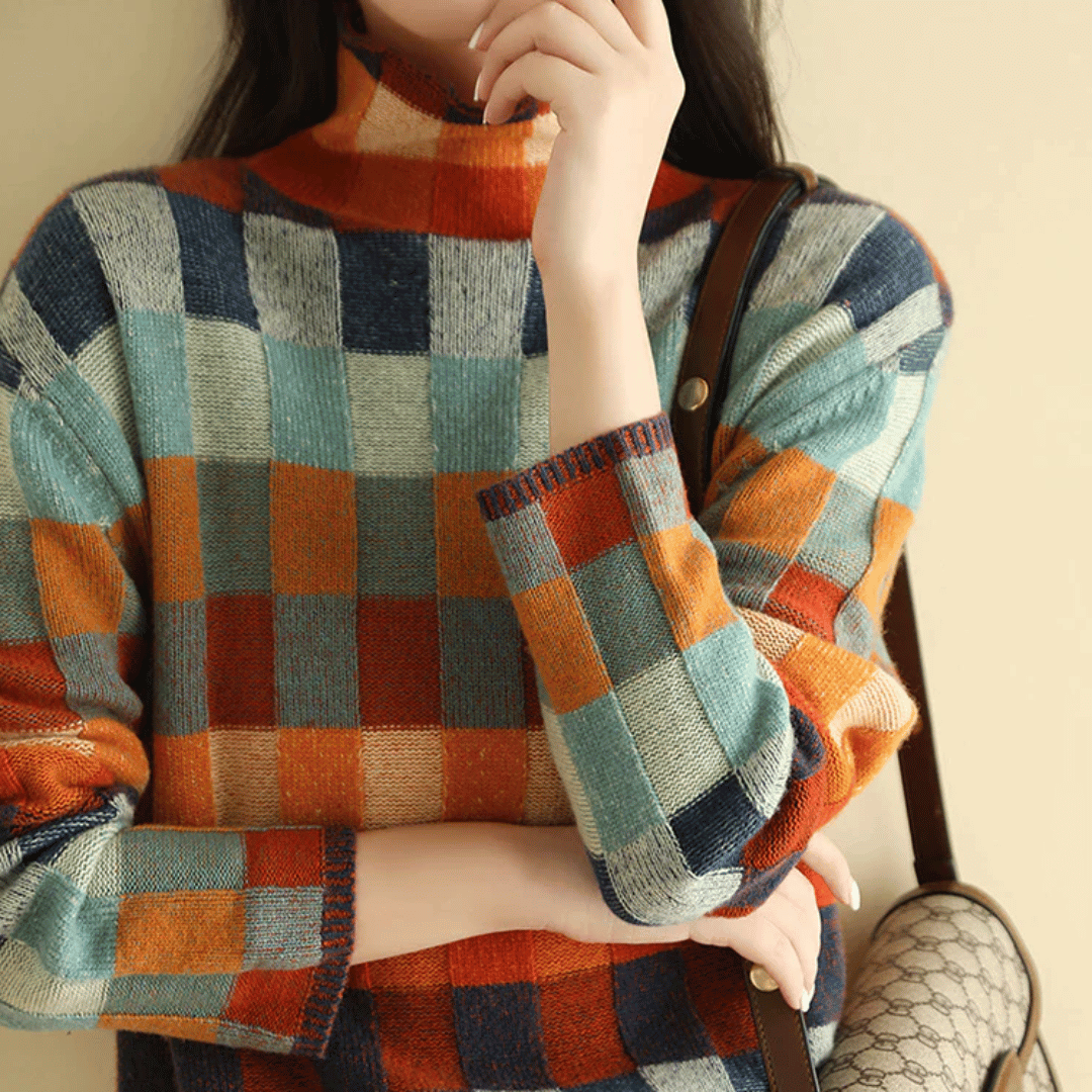 Cashmere Turtleneck Sweater Patchwork Design