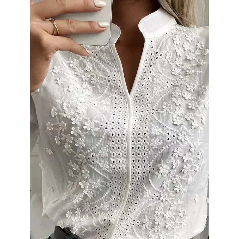 Women's Embroidered V-Neck Blouse White