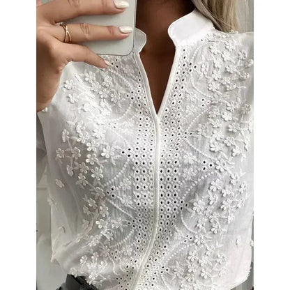 Women's Embroidered V-Neck Blouse White