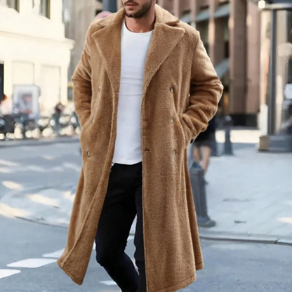 Men's Double Breasted Winter Coat Warm Brown Plush