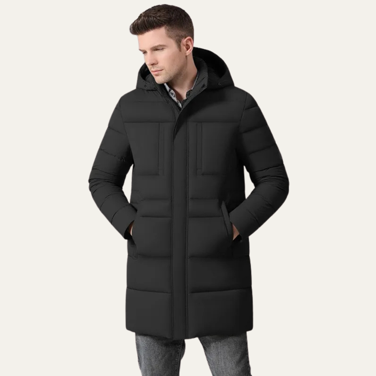 Men's Long Cotton Parka Coat Windproof Black