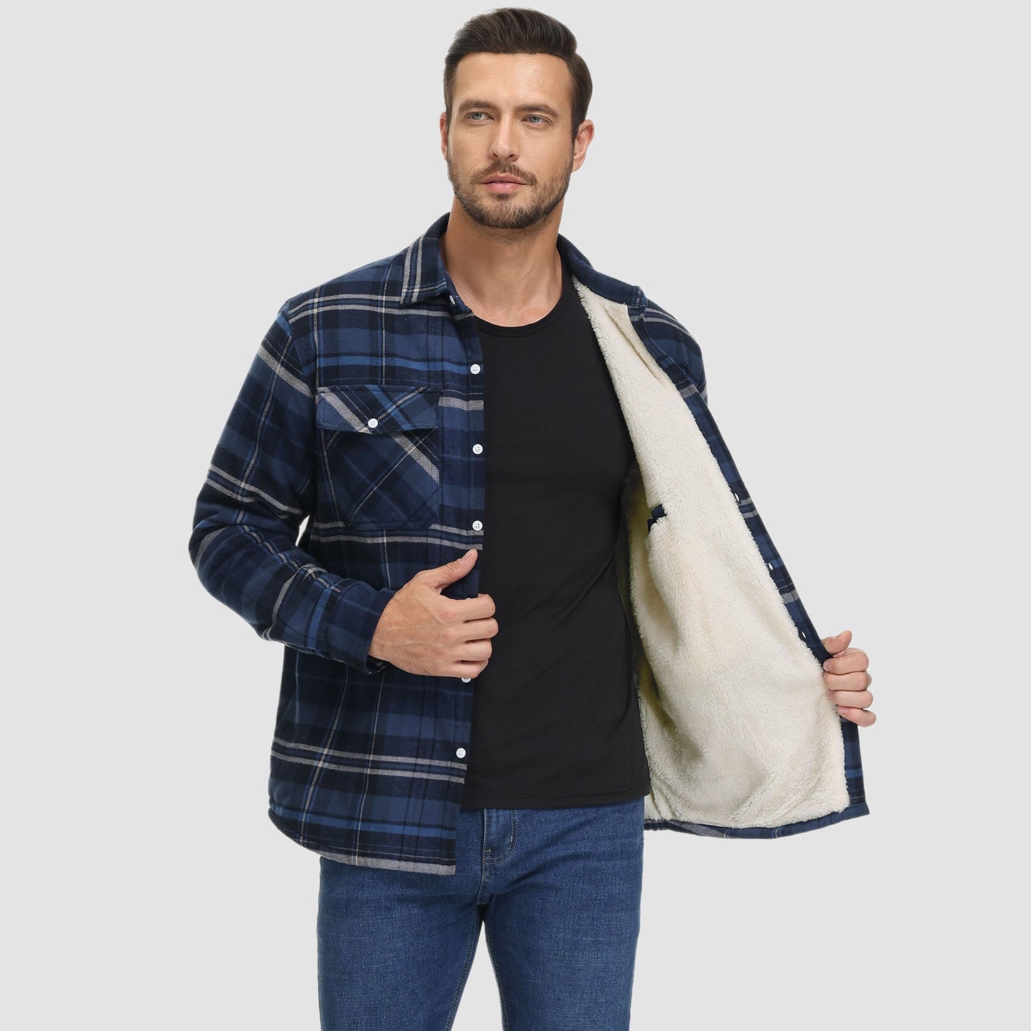Men's Flannel Shirt Jacket Fleece Lined Cotton Warm Navy