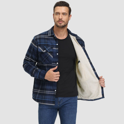 Men's Flannel Shirt Jacket Fleece Lined Cotton Warm Navy