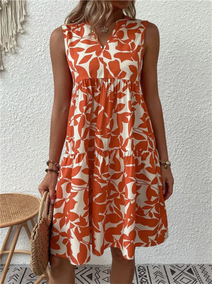 Women's V-Neck Sleeveless Mini Dress Leaf Print