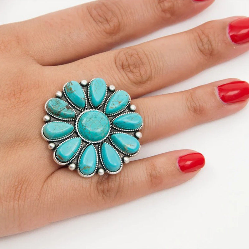 Turquoise Flower Ring Alloy