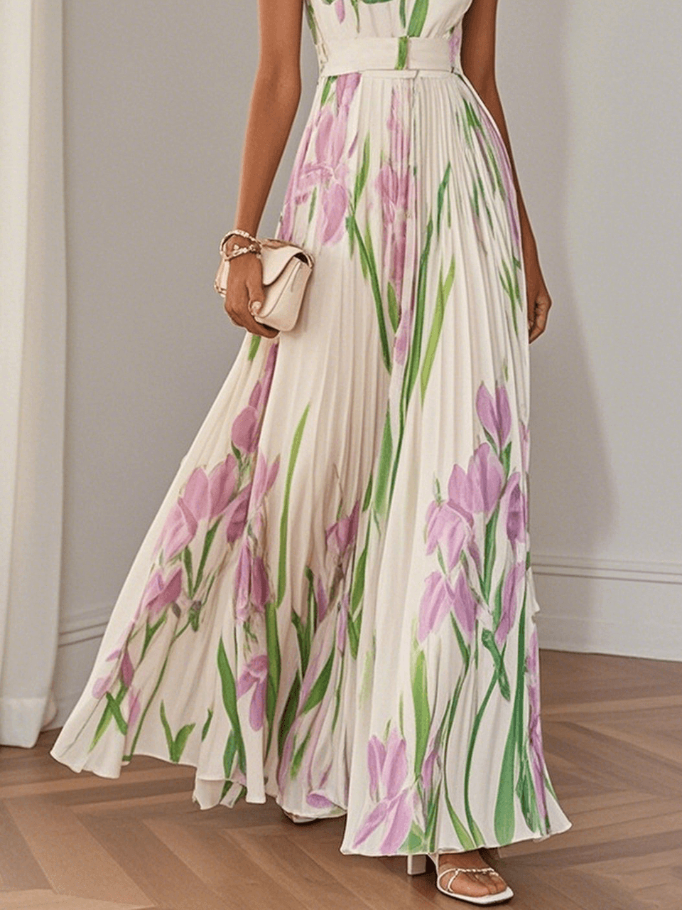 Women's White Floral Maxi Dress Pleated