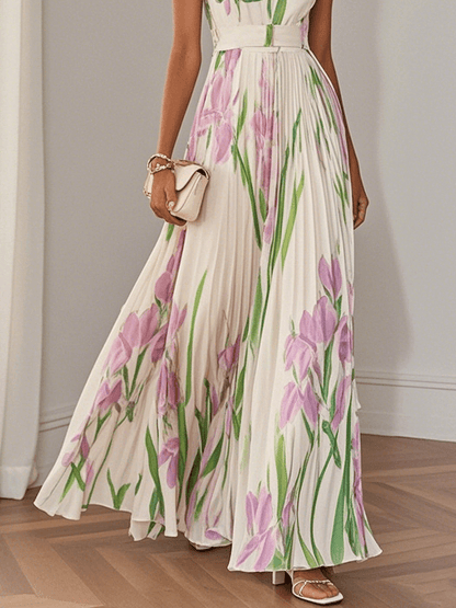 Women's White Floral Maxi Dress Pleated