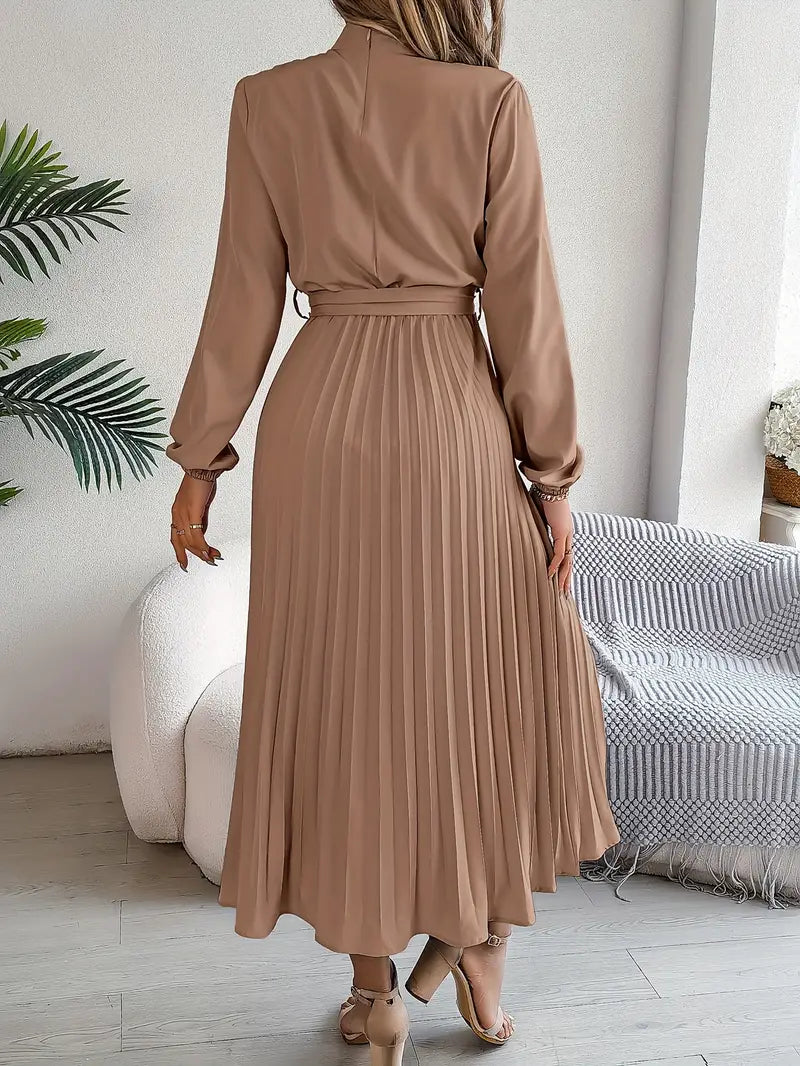 Women's Pleated Midi Dress Belted Waist