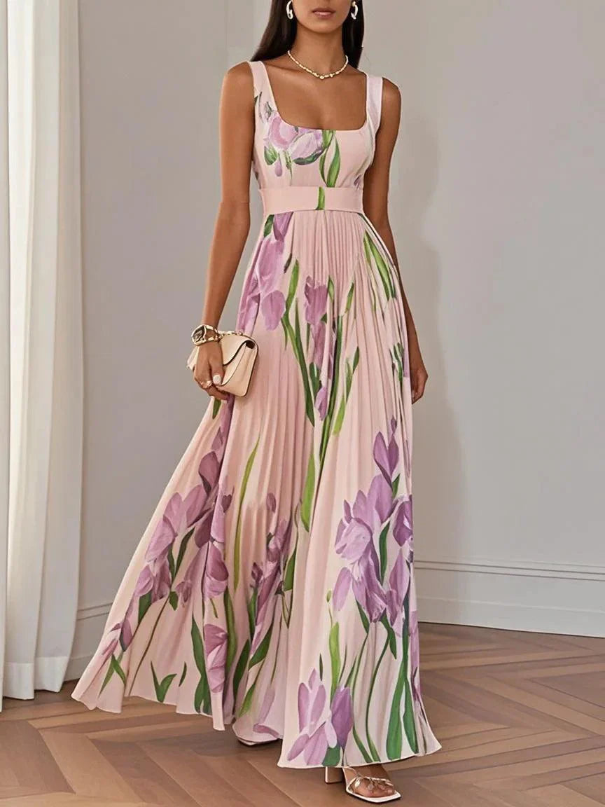Women's White Floral Maxi Dress Pleated