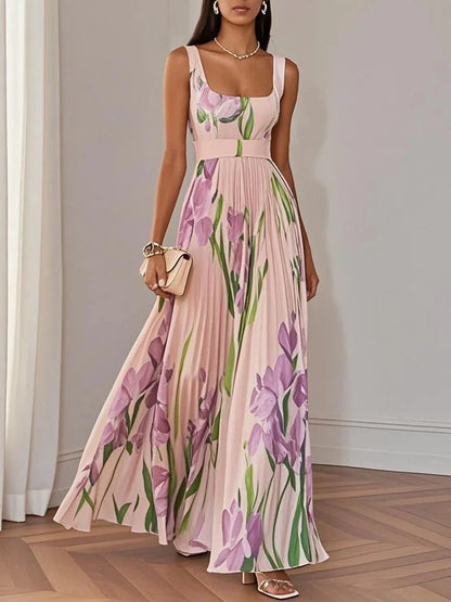 Women's White Floral Maxi Dress Pleated