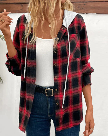 Women's Hooded Checkered Jacket Wool Blend Fall Winter