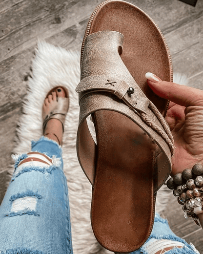 Women's Flat Sandals Slip-On Leather Boho Brown
