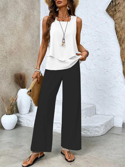 Women's Two Piece Set Round Neck Wide Leg Pants