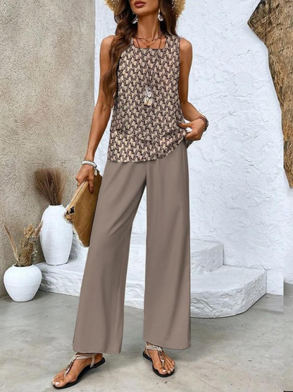 Women's Two Piece Set Round Neck Wide Leg Pants