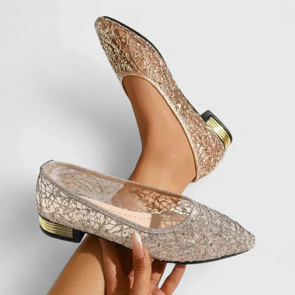 Women's Lace Pointed Toe Flat Shoes Low Block Heel