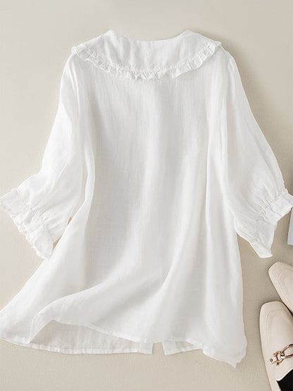 Women's Linen Blend Tunic Ruffled Collar