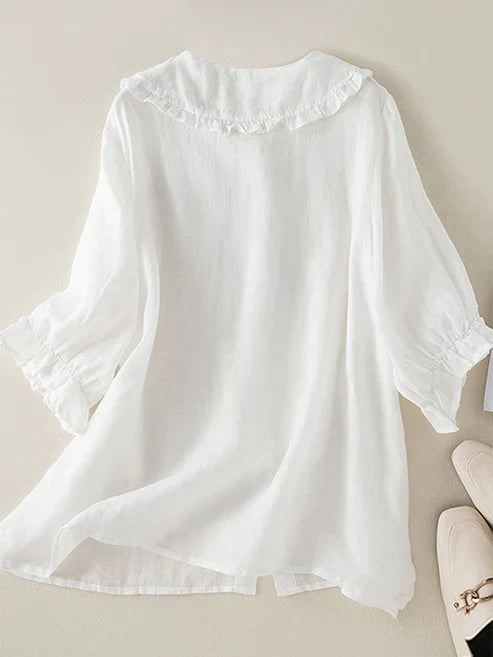 Women's Cotton Linen Blouse Loose Fit Ruffle Neck