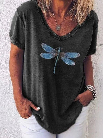 Women's V-Neck Short Sleeve Tee Dragonfly Print Casual