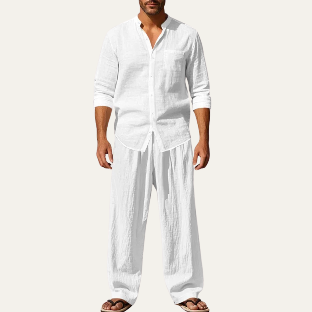 Mens Linen Two Piece Set Shirt Pants Casual