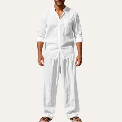 Mens Linen Two Piece Set Shirt Pants Casual