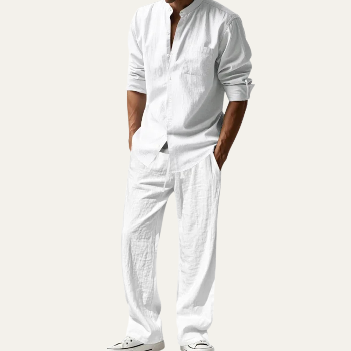 Mens Linen Two Piece Set Shirt Pants Casual