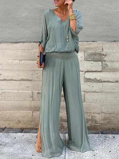 Women's V-Neck Jumpsuit Wide Leg Batwing Sleeve Olive