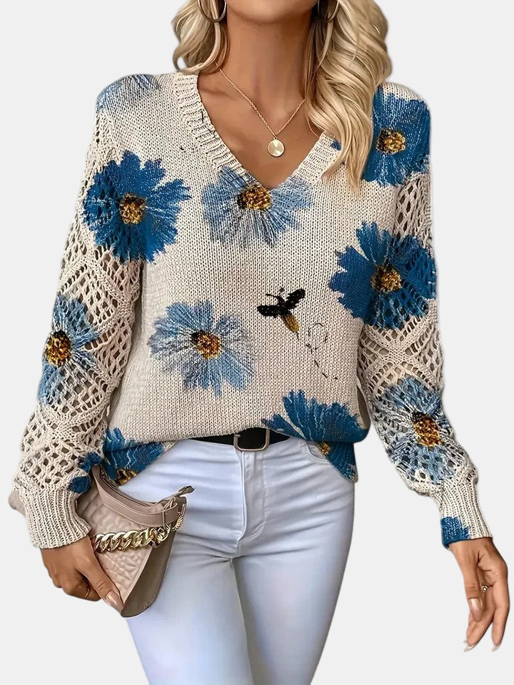Women's V-Neck Sweater Floral Knit Pattern - Vonnera