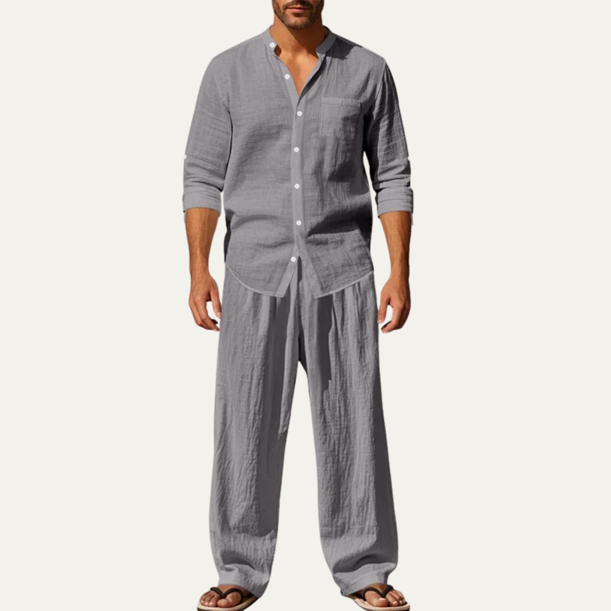 Mens Linen Two Piece Set Shirt Pants Casual