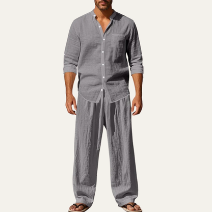 Mens Linen Two Piece Set Shirt Pants Casual