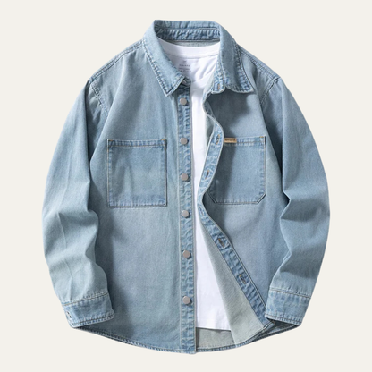Mens Vintage Denim Shirt Loose Fit Button Up Blue - Vonnera