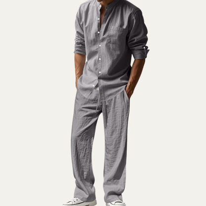 Mens Linen Two Piece Set Shirt Pants Casual